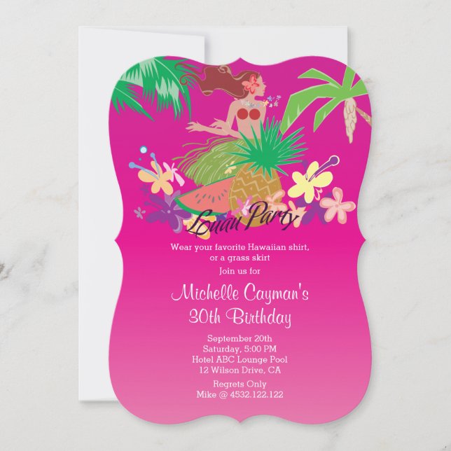 Invitation Fête d'anniversaire de Luau aux Hawaiiens roses (Devant)