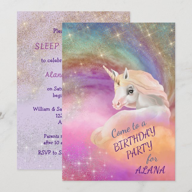 Invitation Fête d'anniversaire de l'Unicorne Sparkly Rainbow  (Devant / Derrière)