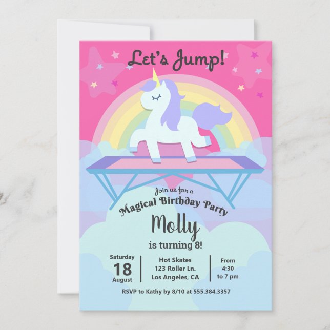 Invitation Fête d'anniversaire de l'Unicorne Trampoline Jump (Devant)