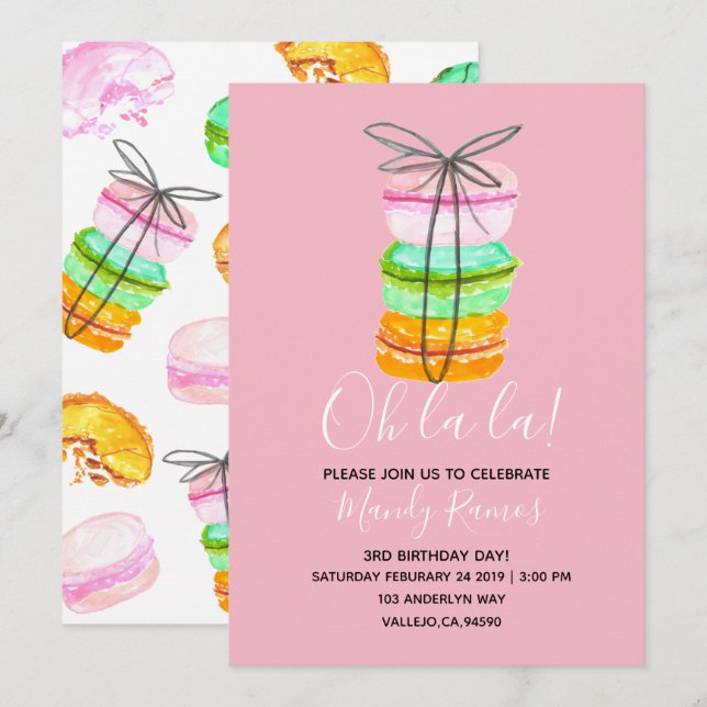 Invitation Fête d'anniversaire de macaron rose (Devant / Derrière)