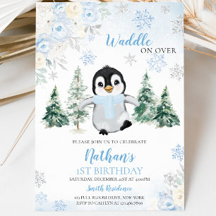 Invitation Fête d'anniversaire de Manchot Hiver Bleu