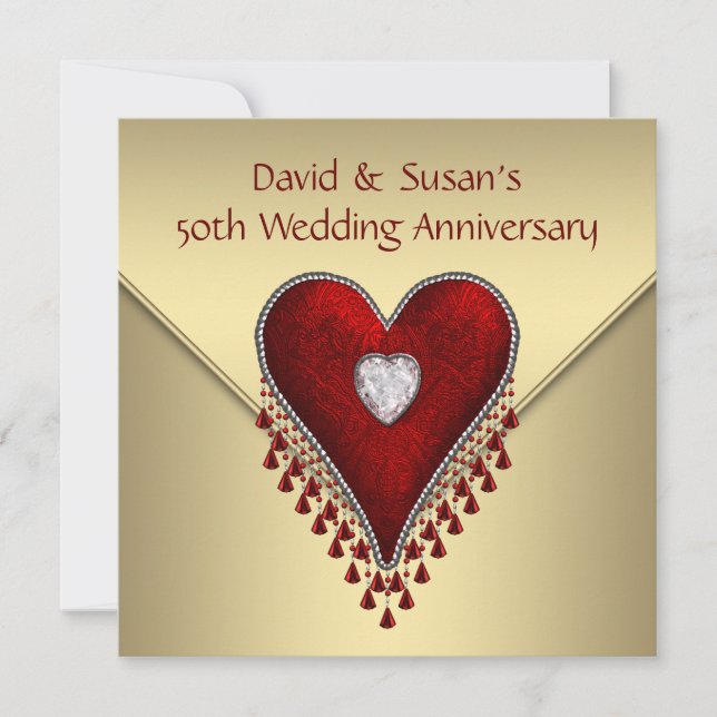 Invitation Fête d'anniversaire de mariage de 50 ans au cœur r (Devant)