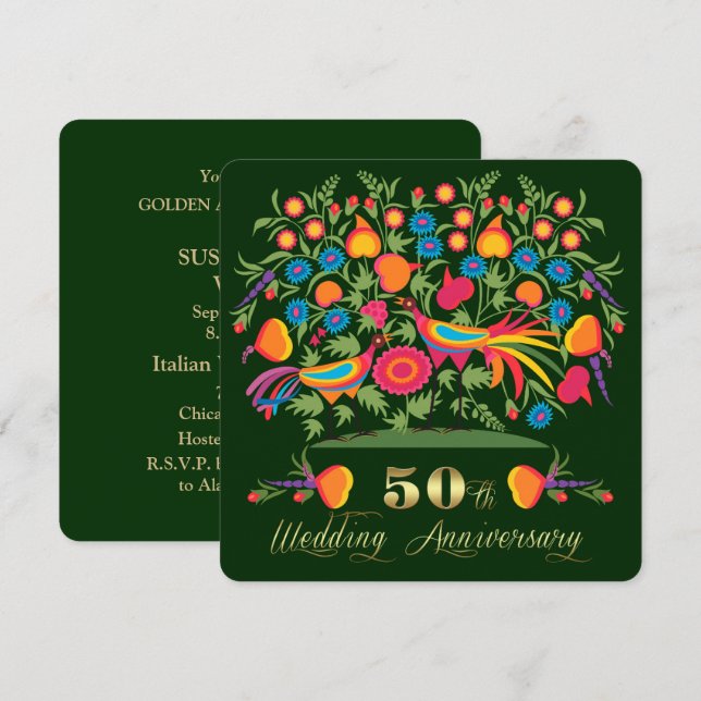 Invitation Fête d'anniversaire de mariage de 50 ans Folk Art  (Devant / Derrière)