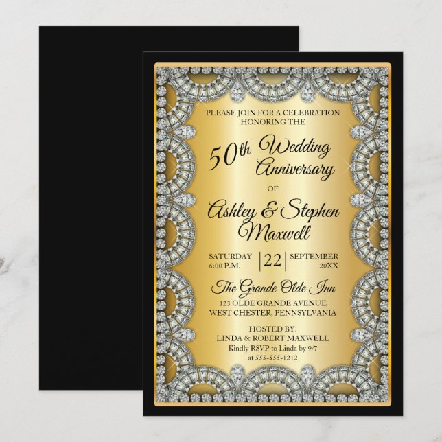 Invitation Fête d'anniversaire de mariage de 50 ans Or et Dia (Devant / Derrière)