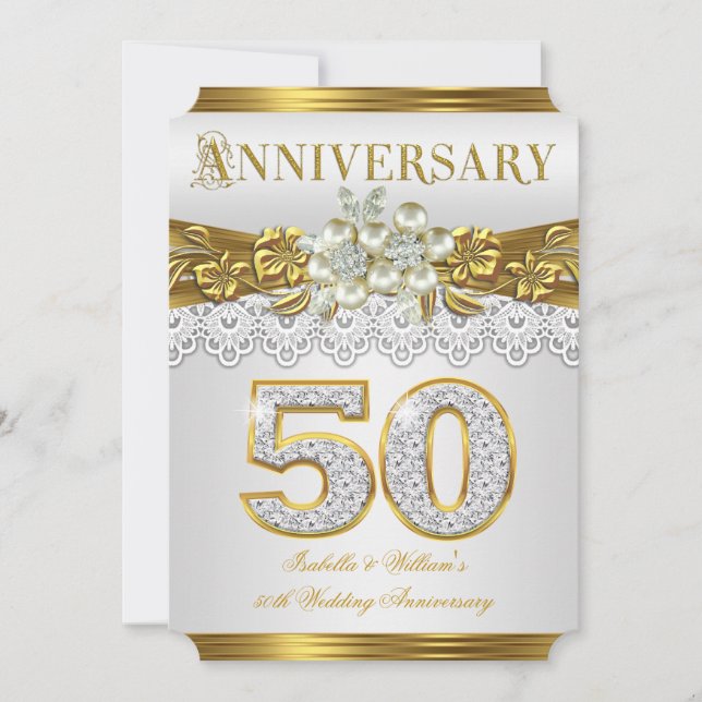 Invitation Fête d'anniversaire de mariage de 50 ans perle bla (Devant)