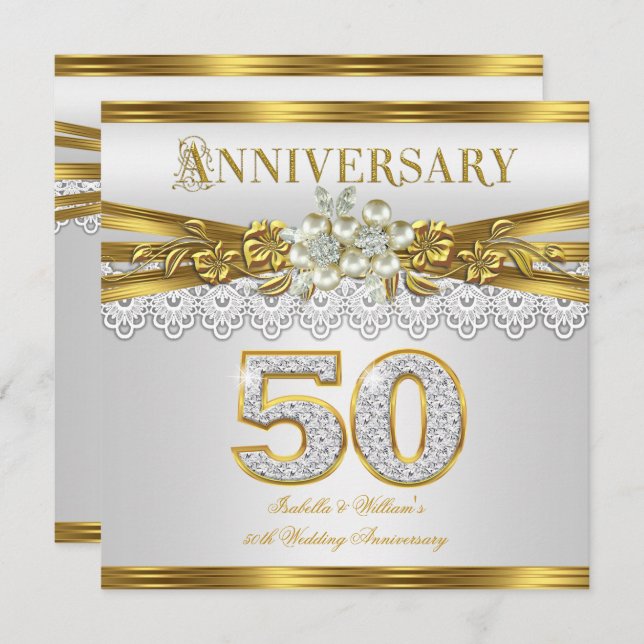 Invitation Fête d'anniversaire de mariage de 50 ans perle bla (Devant / Derrière)