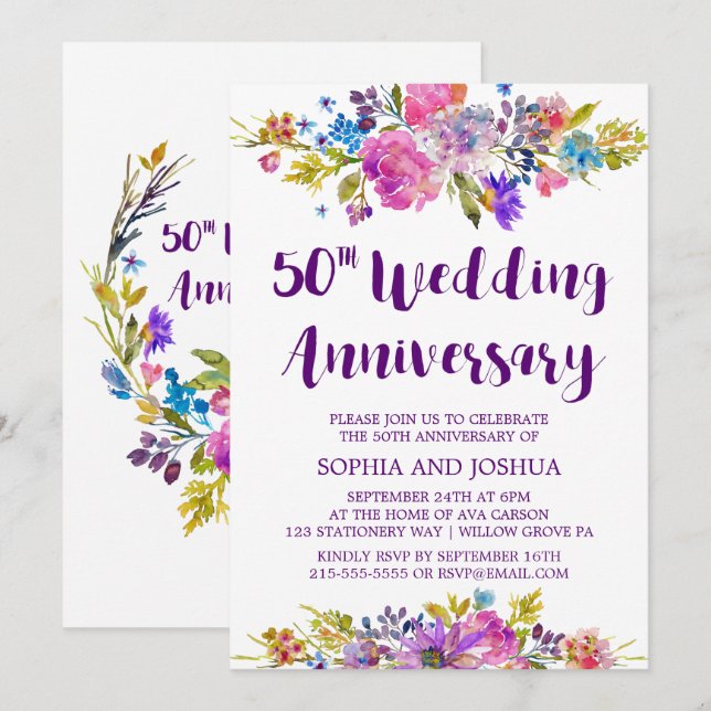 Invitation Fête d'anniversaire de mariage de 50 ans Plum Purp (Devant / Derrière)