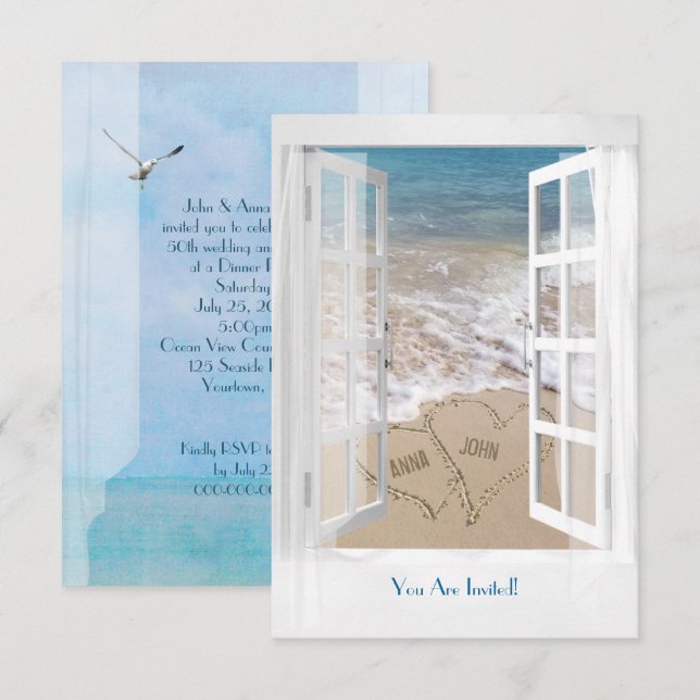 Invitation Fête d'anniversaire de mariage sur la plage de l'o (Devant / Derrière)