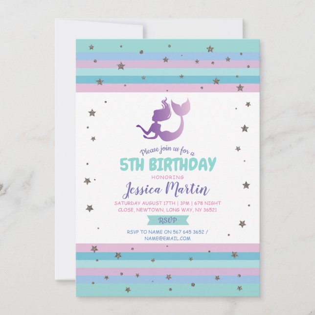 Invitation Fête d'anniversaire de Mermaid à tout âge 5e 6e 7e (Devant)