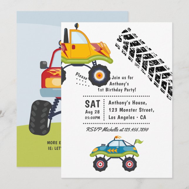 Invitation Fête d'anniversaire de Monster Truck (Devant / Derrière)