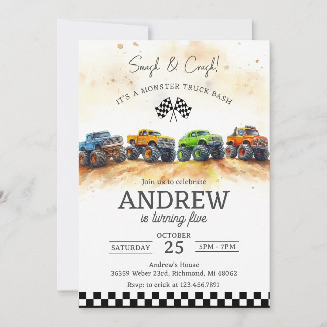 Invitation Fête d'anniversaire de Monster Truck pour enfants (Devant)