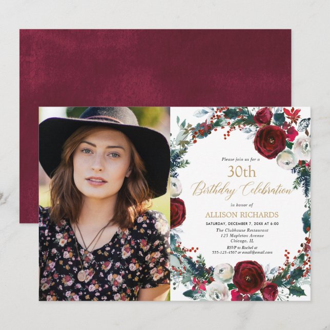 Invitation Fête d'anniversaire de Noël bougogne or photo (Devant / Derrière)