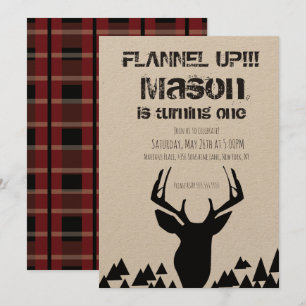 Invitation Fête d'anniversaire de Noël cerf carreaux flanelle