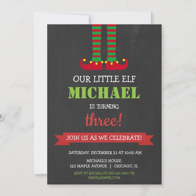 Invitation Fête d'anniversaire de Noël de notre petit elfe (Devant)