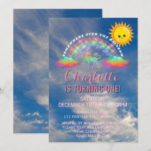 Invitation Fête d'anniversaire de nuages de Sun de licorne