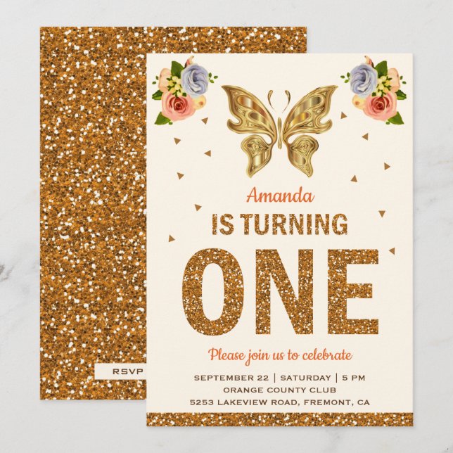 Invitation Fête d'anniversaire de papillon floral d'or de (Devant / Derrière)