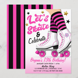 Invitation Fête d'anniversaire de patin à roulettes rose et n