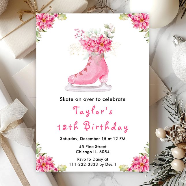 Invitation Fête d'anniversaire de patinage sur glace rose (Créateur téléchargé)