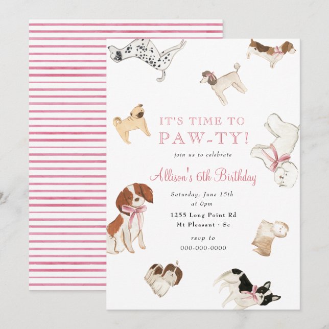 Invitation Fête d'anniversaire de Paw-ty Chien Girl Rose Anim (Devant / Derrière)