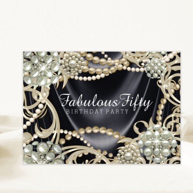 Invitation Fête d'Anniversaire de Perle glamour (Black satin pearl any number or occasion invitation. Add your details to front and back.)