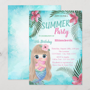 Invitation Fête d'anniversaire de petite sirène, fleurs, feui
