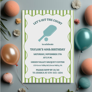 Invitation Fête d'anniversaire de Pickleball rayée verte et b