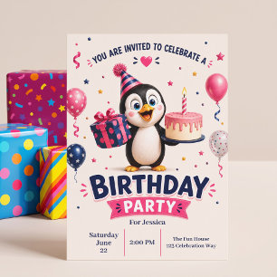 Invitation Fête d'anniversaire de pingouin drôle et mignon