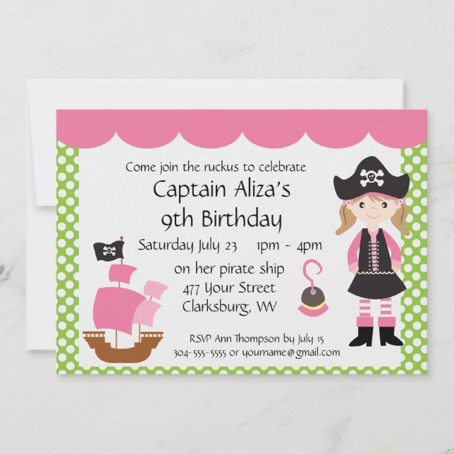 Invitation Fête d'anniversaire de Pirate Rose sur mesure (Devant)