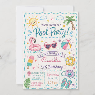 Invitation Fête d'anniversaire de piscine dessinée à la main 