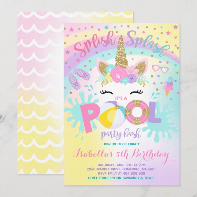 Invitation Fête d'anniversaire de piscine d'invitation de (Devant / Derrière)