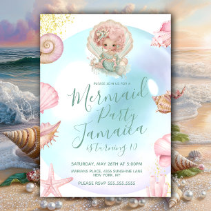 Invitation Fête d'anniversaire de plage de sirène mignonne 