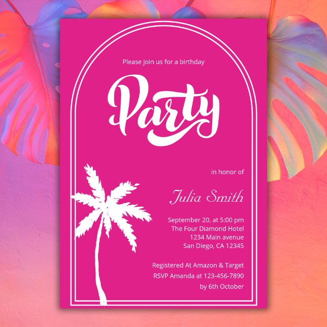 Invitation Fête d'anniversaire de plage rose moderne Malibu (Créateur téléchargé)