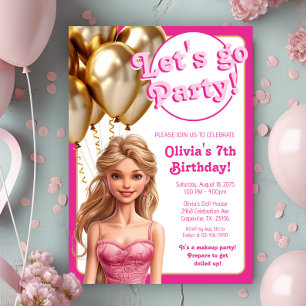 Invitation Fête d'anniversaire de poupée de mode en or rose