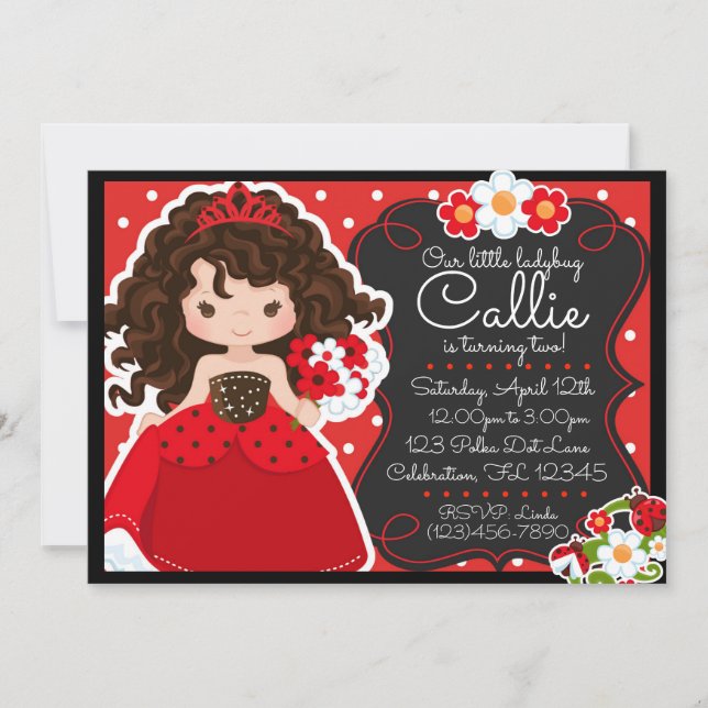 Invitation Fête d'anniversaire de princesse coccinelle (Devant)