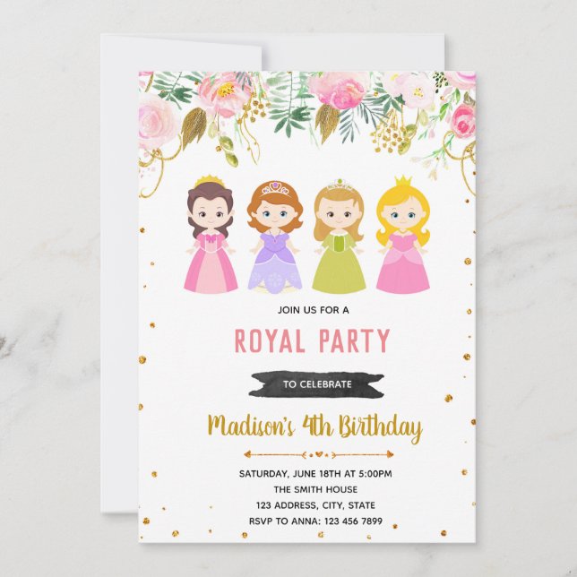 Invitation fête d'anniversaire de princesse floral (Devant)
