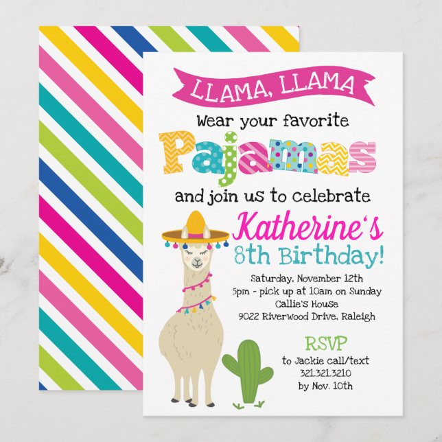 Invitation Fête d'anniversaire de pyjama de lama (Devant / Derrière)