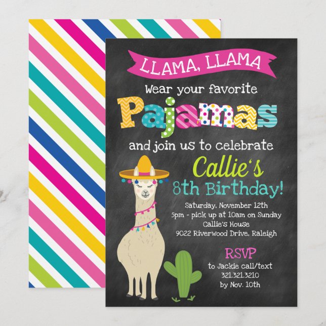 Invitation Fête d'anniversaire de pyjama de lama (Devant / Derrière)