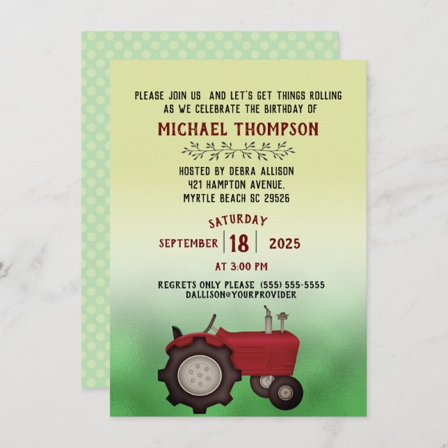 Invitation Fête d'anniversaire de Red Tractor (Devant / Derrière)