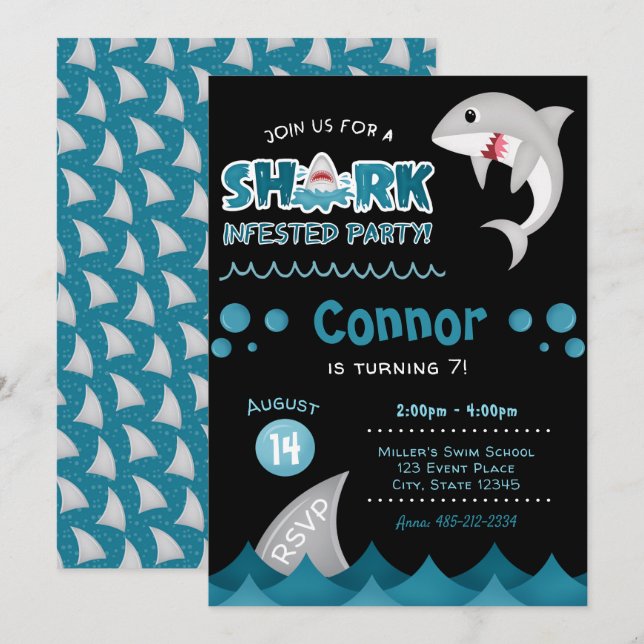 Invitation Fête d'anniversaire de requins infestés (Devant / Derrière)