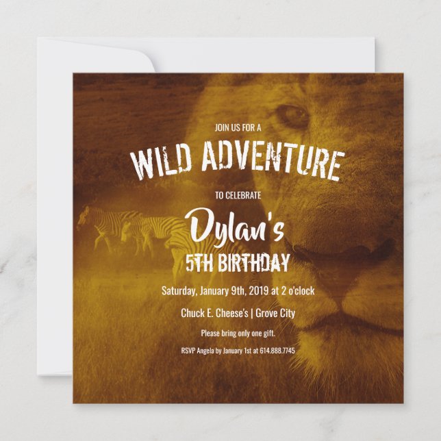 Invitation Fête d'anniversaire de safari de lion et de zèbre (Devant)