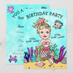 Invitation Fête d'anniversaire de sirène blonde sous la mer