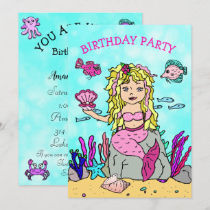 Invitation Fête d'anniversaire de sirène blonde sous la mer