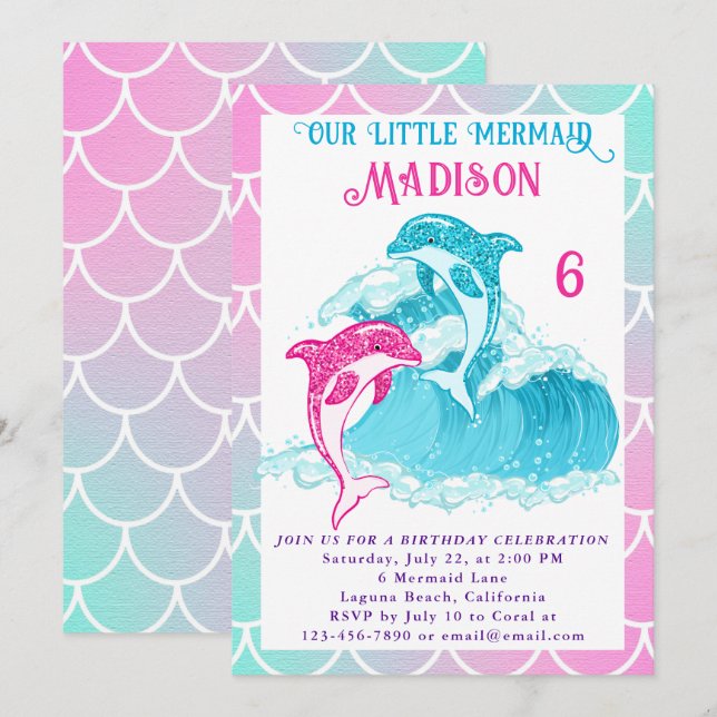 Invitation Fête d'anniversaire de Sirène Dauphin Bleu Mer Océ (Devant / Derrière)