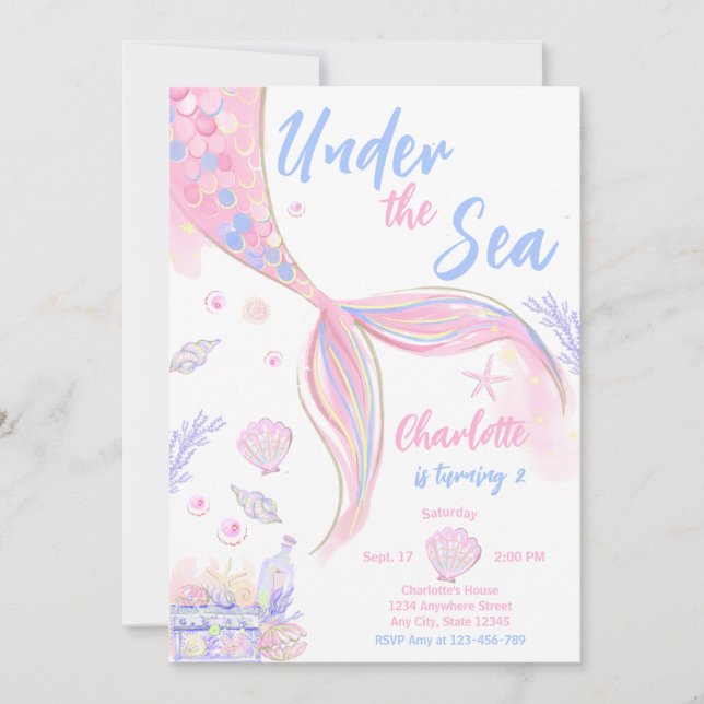 Invitation Fête d'anniversaire de sirène rose sous la mer (Devant)