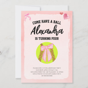 Invitation Fête d'anniversaire de softball Coquette au nœud r