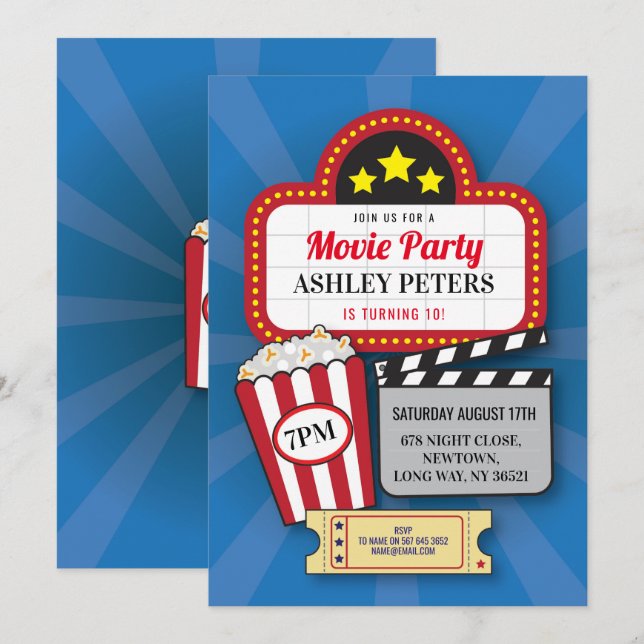 Invitation Fête d'anniversaire de soirée cinéma tout film de (Devant / Derrière)
