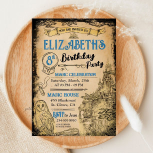 Invitation Fête d'anniversaire de sorcière de magicien bleu