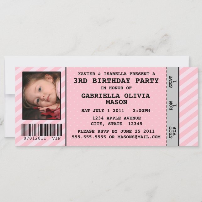 Invitation Fête d'anniversaire de style de billet d'événement (Devant)