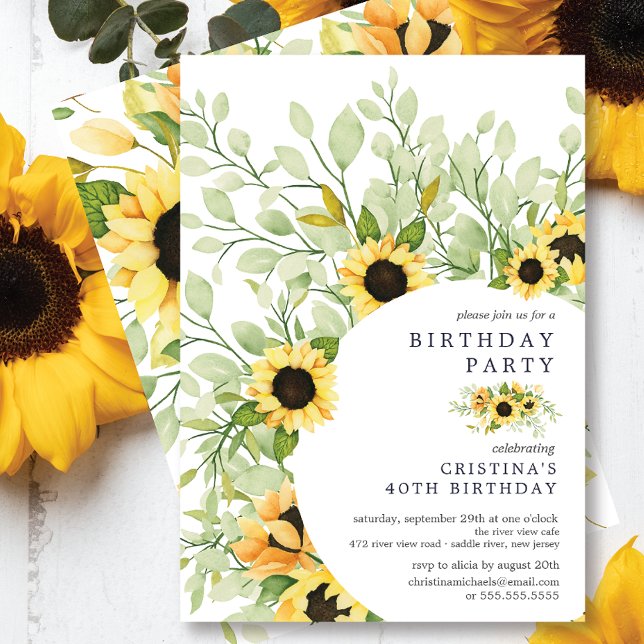 Invitation Fête d'anniversaire de Sunflower à l'aquarelle viv (Créateur téléchargé)
