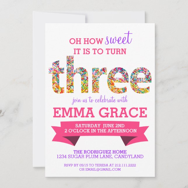 Invitation Fête d'anniversaire de thème de sucrerie la 3ème (Devant)